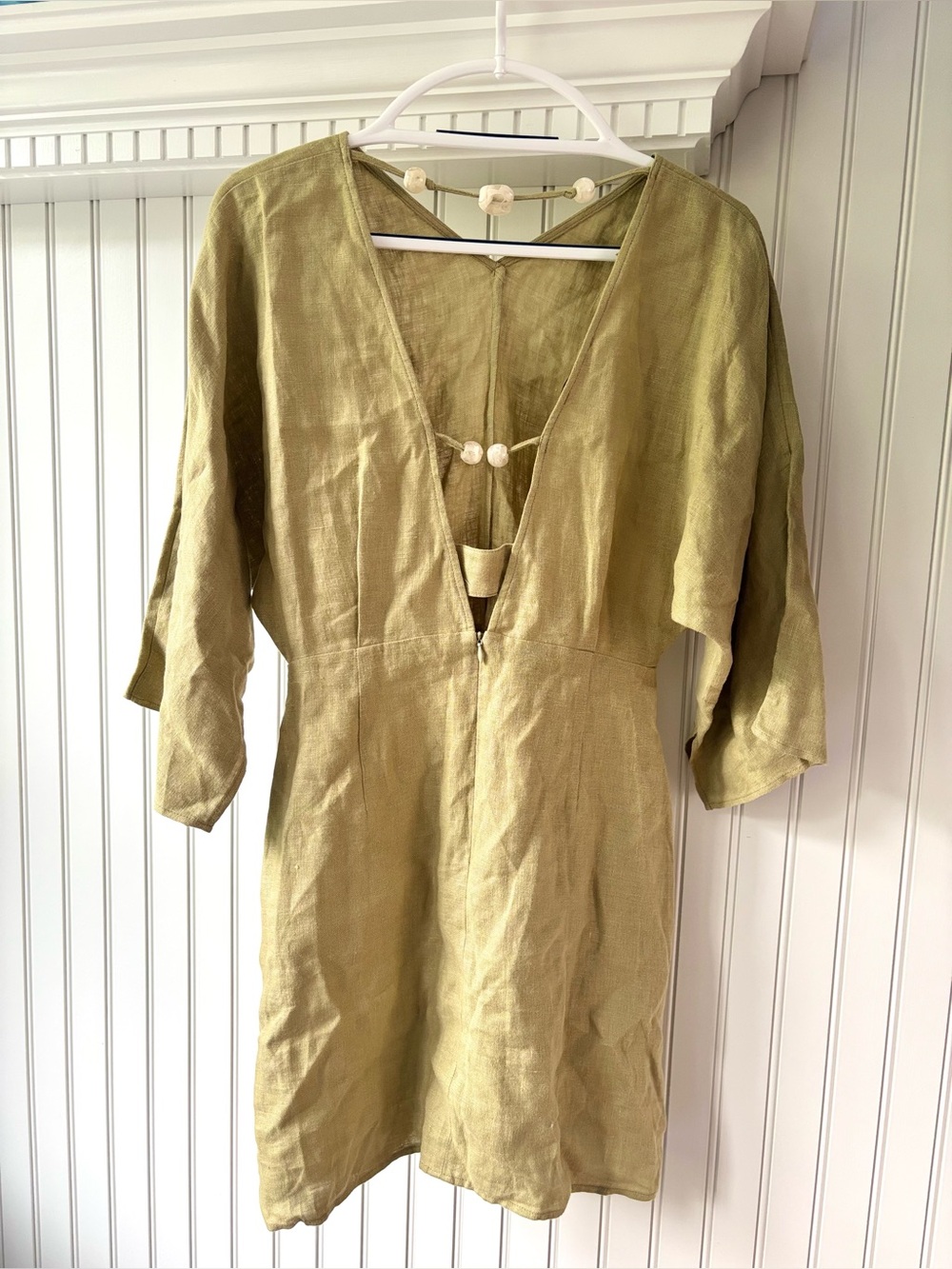 NOCTURNE 100% Linen Beaded Back Mini Dress Olive Green Women's S Quiet Luxury - Picture 8 of 14